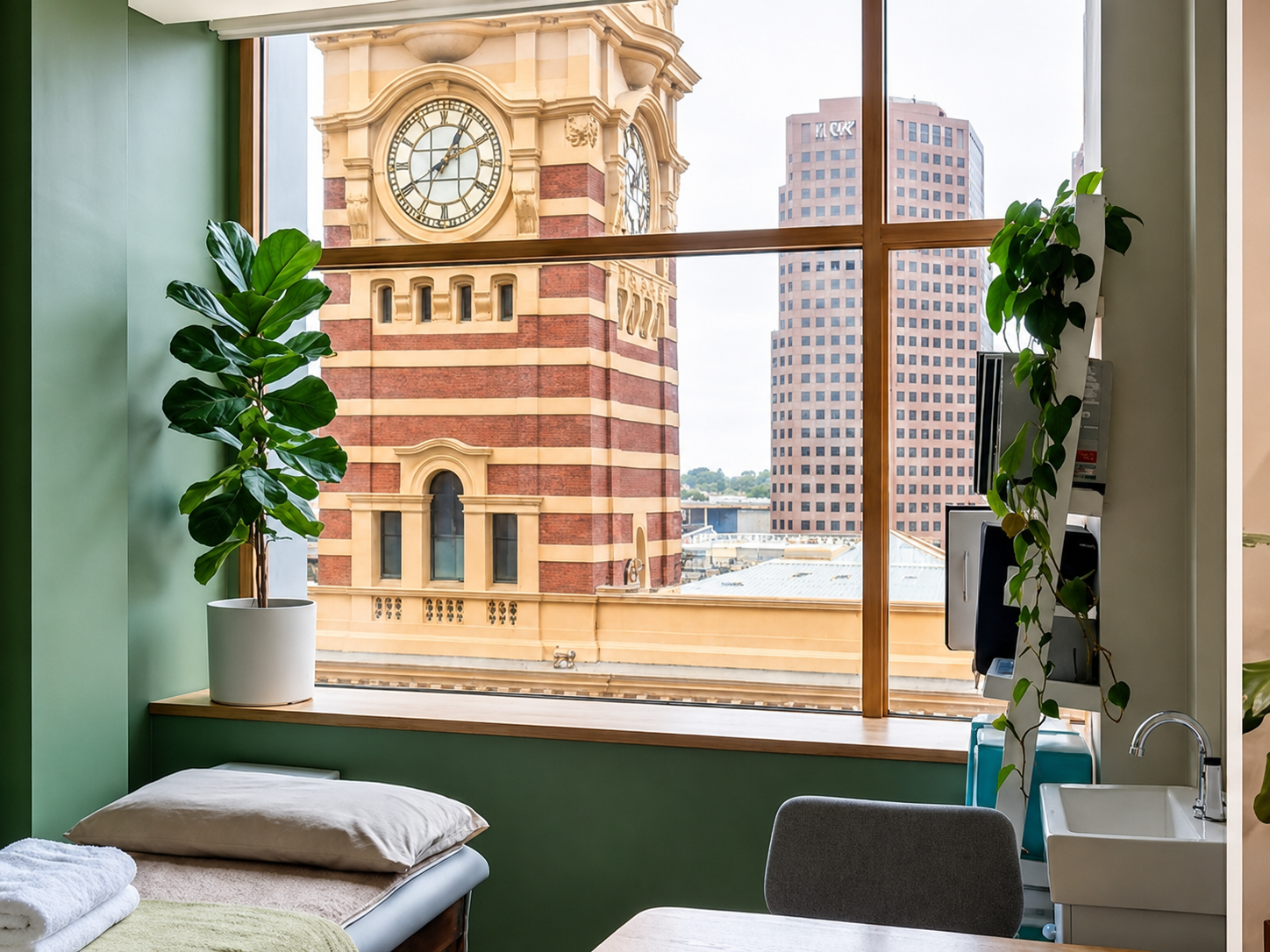 Treatment room at Ping Ming Health Melbourne overlooking Flinders Street Station