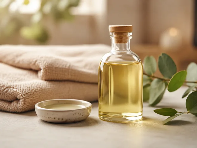 Massage oil bottle beside folded towels in a calm wellness setting