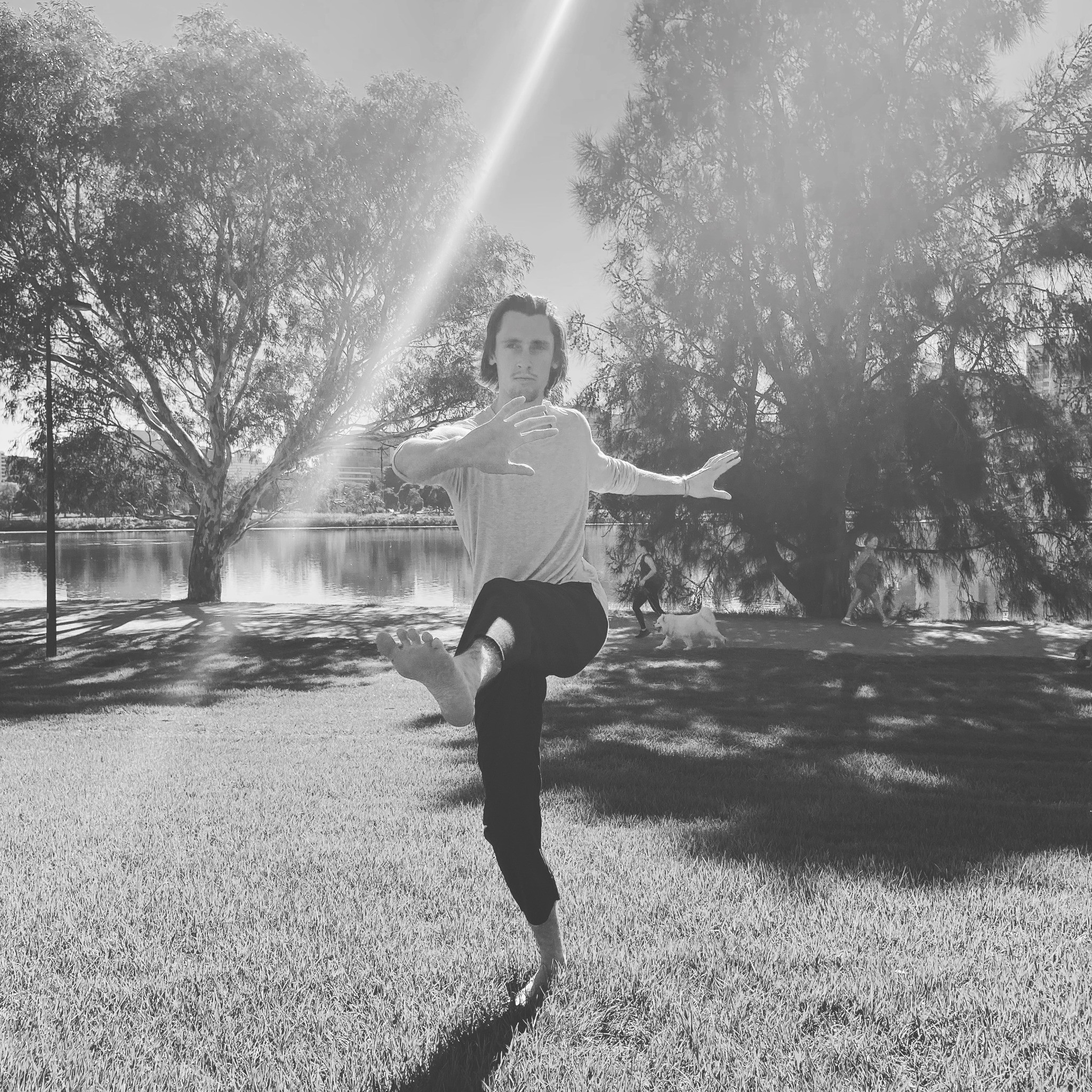 Jack Logan practising Ziran Qigong — a practice connecting breath, movement and attention